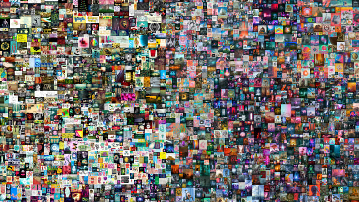 Виртуальное произведение искусства под названием “Каждый день: Первые 5000 Дней.” Созданное цифровым художником Биплом, это первое произведение искусства на основе NFT