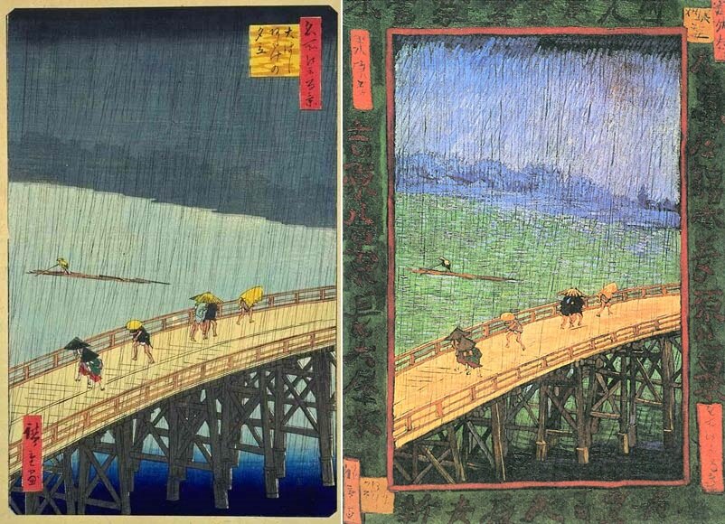 Японская гравюра(слева) и работа Ван Гога(справа). Источник: Яндекс картинки