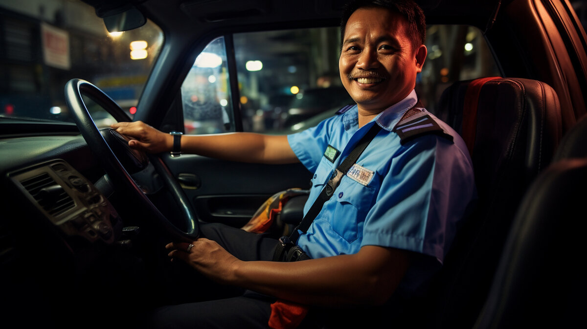 Счастливый тайский таксист в ожидании заказов