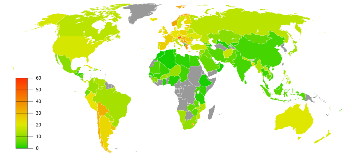 Процент курящих табак женщин по странам