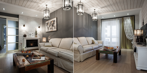 Белый портал и светлые стены помогут обустроить модный лофт в маленькой гостиной«Кирпичной кладки» в интерьере совсем немного: в каминной зоне и простенках у окна.