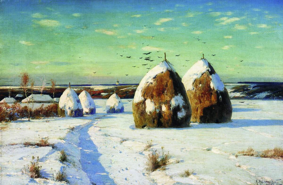 Описание картины зимний пейзаж. Крыжицкий Константин Яковлевич (1858-1911). "Осок. Крыжицкий к.я. зимний пейзаж со стогами. 1910. Константин Яковлевич Крыжицкий - пейзаж зима. Художник Крыжицкий Константин Яковлевич 1858 1911.
