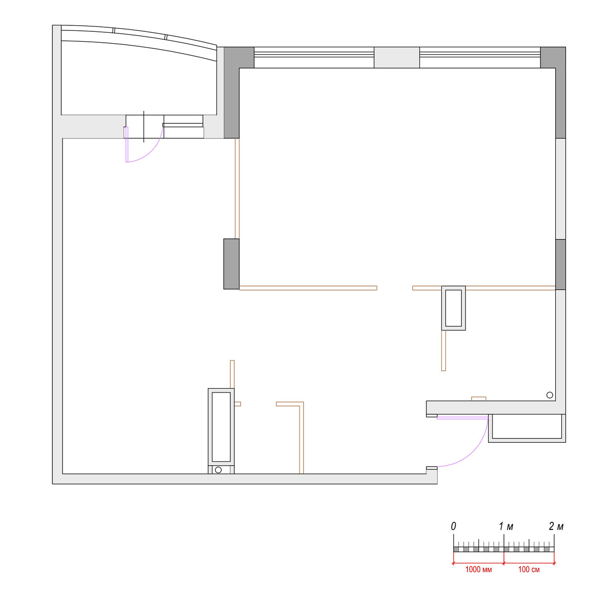 План квартиры до перепланировки. Стены от застройщика. Кухня - помещение слева с лоджией.