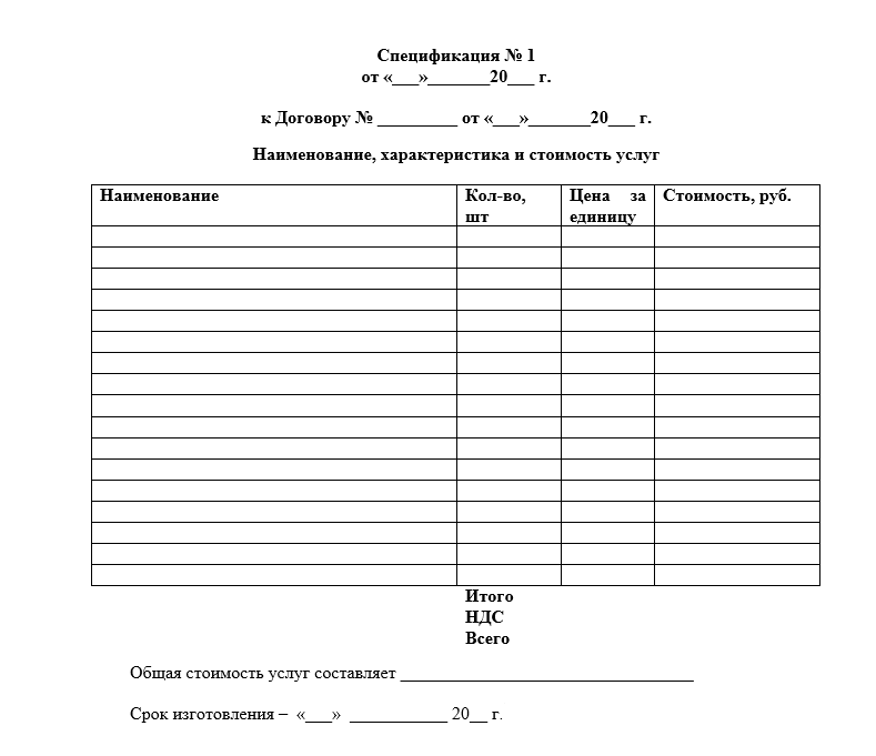 Спецификация приложение к договору поставки образец