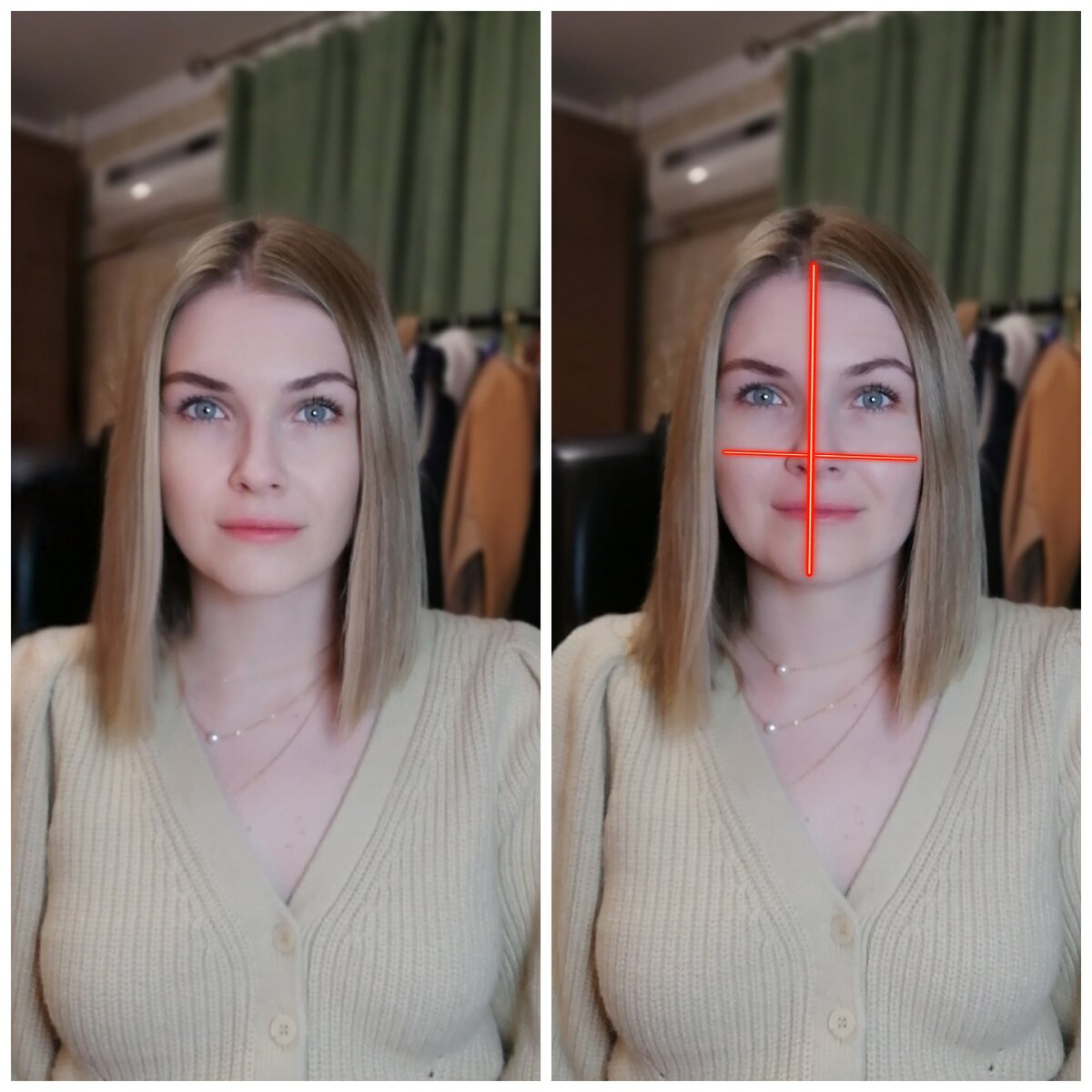 На фото слева я сузила себе лицо.