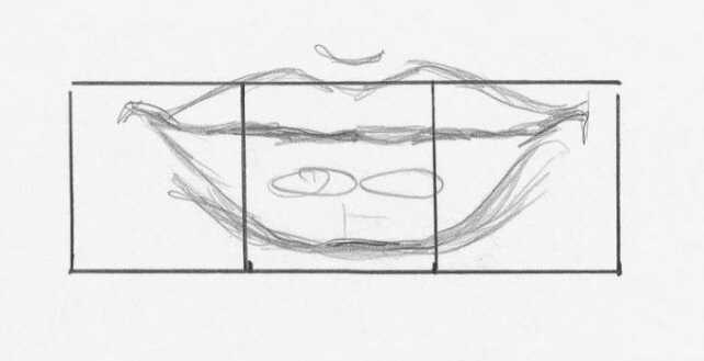 Используя разметку, карандашом изобразите линию губ.
Когда вы уверены в точности изображения контура, аккуратно сотрите разметку. Карандашом добавьте тёмные участки.