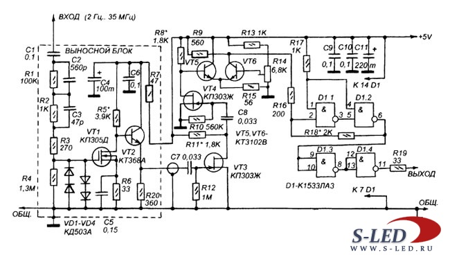Рис. 1. Пример формирователя для частотомера (http://www.s-led.ru/962-shirokopolsnoy-formirovatel-chast.html).
