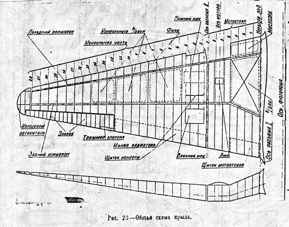 Общая схема крыла (приведено для серийного самолета Ер-2 2М-105). Рисунок из книги  Временное техническое описание самолета Ер 2 2М 105. Книга 2. Сост. СКО завода им. Ворошилова под общей редакцией Главного конструктора Ермолаева В.Г. Воронеж, Завод № 18, - 1941 г.