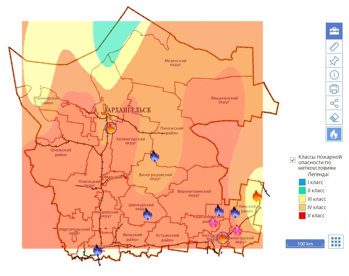 На карте красным цветом показаны районы с наивысшим классом пожарной опасности (к исходу дня 20 августа 2022 г.)