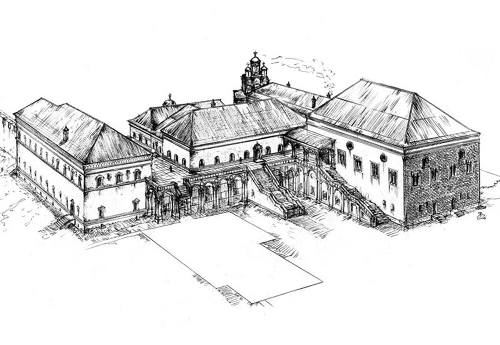 Общий вид дворца в XVI веке по версии Д. Яковлева. Слева — невидимый Благовещенский собор, справа — Грановитая палата