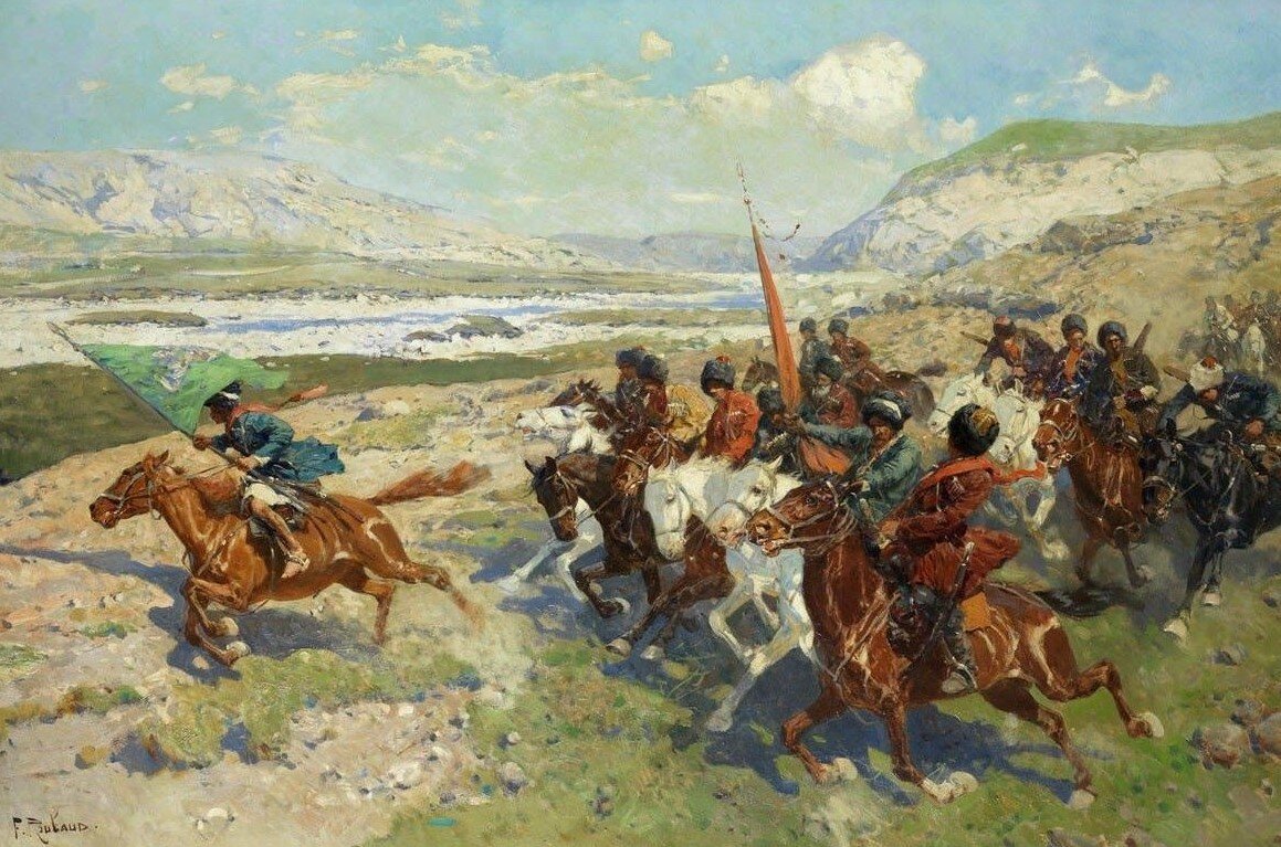 Картина казаки у горной речки