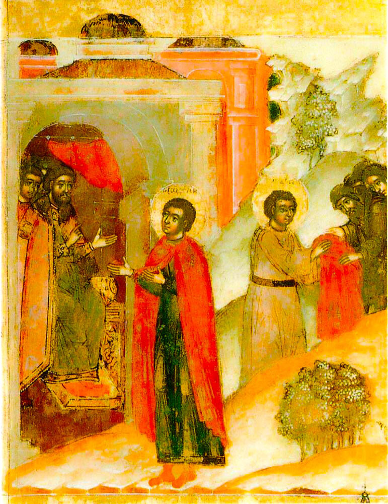 Фрагмент иконы Феодосий перед «начальником» Курска, который вручил ему «светлую» одежду (плащ). Феодосий отдает плащ нищим.