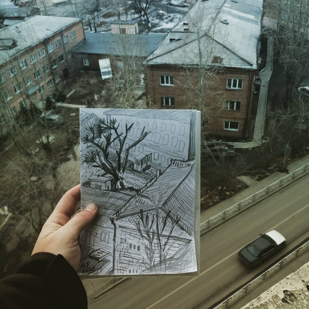 "Пятиэтажка ####", этюд с балкона, 2020, техника: Бумага, карандаш