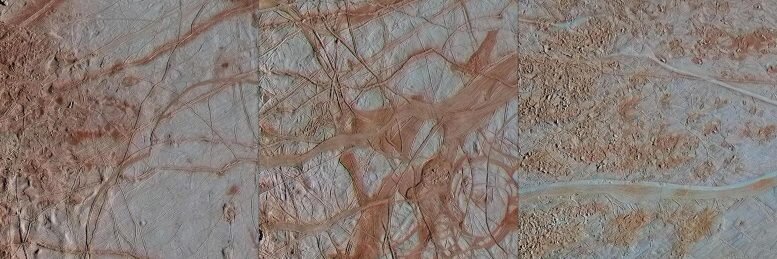 Поверхность спутника Юпитера Европы характеризуется очень разнообразным ландшафтом, включая хребты, полосы, небольшие округлые купола и разрушенные пространства, которые геологи называют «ландшафтом хаоса». В этой серии из трех вновь обработанных изображений Europa, детали видны во множестве объектов на ледяной поверхности Европы. Предоставлено: NASA / JPL-Caltech / SETI Institute.