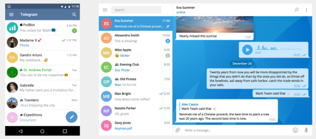 У Telegram есть клиенты под все популярные платформы, включая веб-приложения. На Рисунке 1 показана Desktop- и Android-версия. Официальные клиенты идут с открытым исходным кодом, хотя есть и бинарные блобы (то есть исполняемые бинарные файлы без доступных исходных текстов).

Рисунок 1: Официальные клиенты Telegram. Слева: мобильная версия, справа: desktop-клиент. Все официальные клиенты имеют открытый исходный код. Пользовательский интерфейс Telegram довольно быстрый и удобный