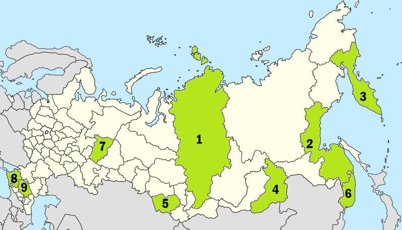 Края на карте России: 1) Красноярский край; 2)Хабаровский край; 3) Камчатский карай; 4)Забайкальский карай; 5) Алтайский край; 6) Приморский край; 7) Пермский край; 8; Краснодарский край; 9) Ставропольский край.