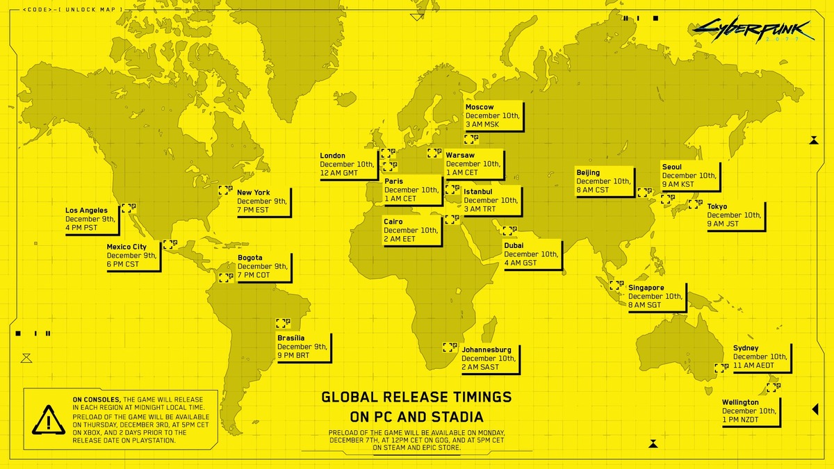 Карта с информацией релиза Cyberpunk 2077