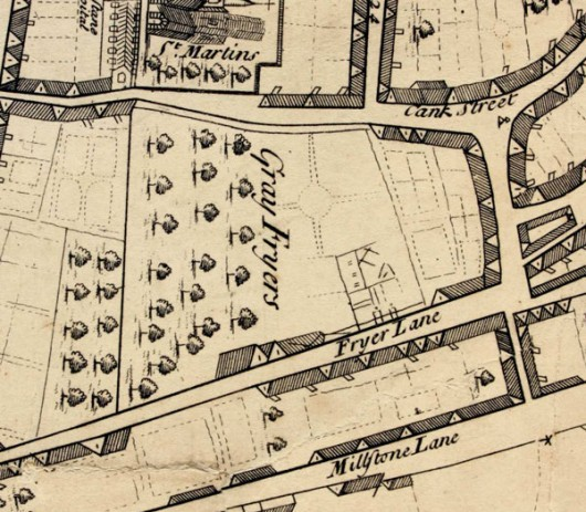 Томас Робертс. Карта Лестера. Фрагмент. 1741 год На месте монастыря разбиты сады.