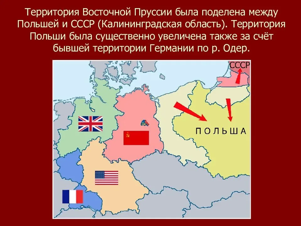 Пруссию разделили следующим образом: 2/3 всей территории отдали Польше; город Кёнигсберг и Земландский полуостров — России; Мемельскую область — Литве (современная Клайпеда — это немецкий Мемель).