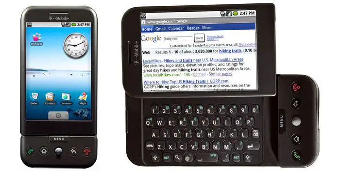 Домашний экран Android 1.0 и его рудиментарный веб - браузер (еще не называемый Chrome).