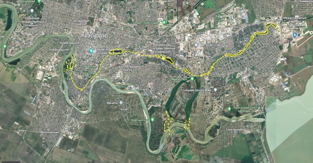 Старые русла рек Кубань и Карасун в  г. Краснодаре