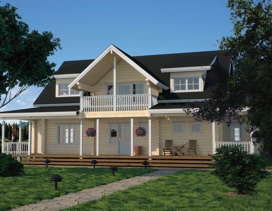 Фасад деревянного дома из клееного бруса. Проект Iiris — общая площадь 353,9 м2