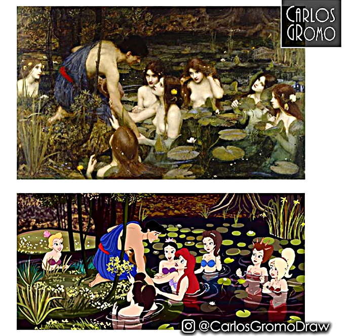 Джон Уильям Уотерхаус, "Гилас и нимфы" оригинальная и новая версия.