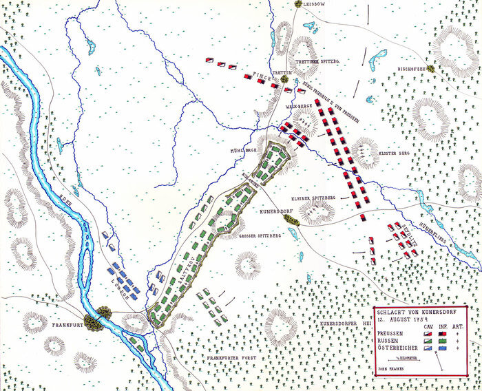Карта с диспозициями сторон перед Кунерсдорфским сражением. Источник: dic.academic.ru