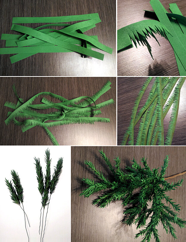 На большую еловую ветку ушло 5 листов недорого фоамирана 20*30 см (продается в пачках по 10 штук по цене от 80 рублей за всю упаковку), фото автора