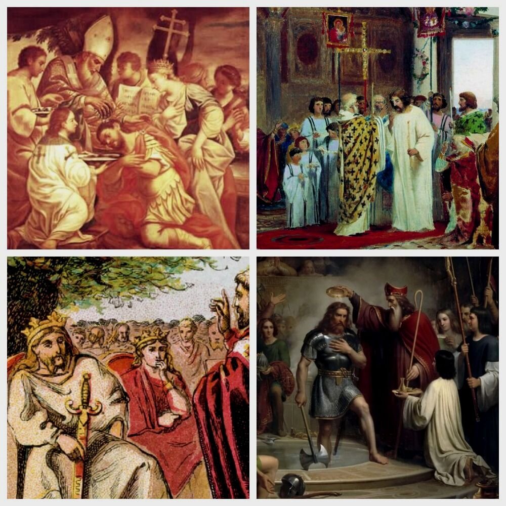 Изображение крещения королей: вверху - Тиридат III, Владимир Святой. Внизу - Этельберт, Хлодвиг.