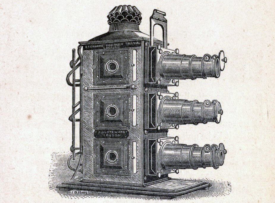 (L) Трехканальный фонарь-проектор, подобный тому, который использовал Сергей Прокудин-Горский. / (R) Пример вертикальных черно-белых позитивов на стеклянных пластинах, использованных в презентациях Прокудина-Горского. (Библиотека Конгресса) 