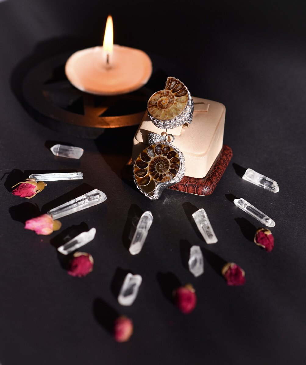 (кольцо и подвеска из аммонита в серебре)