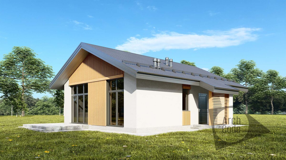 Проект одноэтажного дома 70 м2. Цвет фасада "карамель".