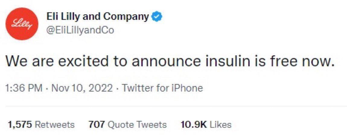 Фейковое сообщение в Twitter от имени компании "Eli Lilly"