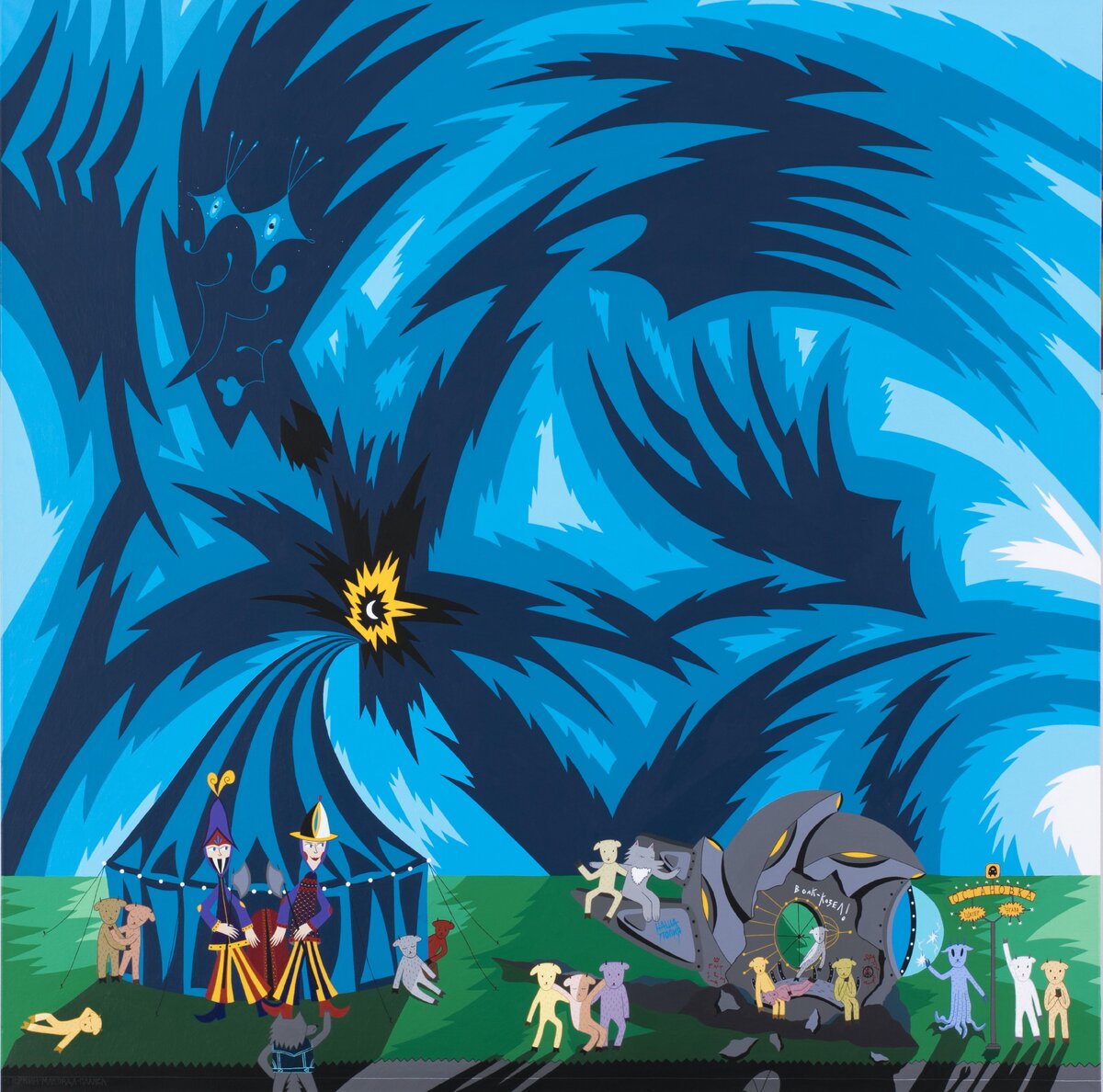    Вова Перкин, Дима Маконда, Лиза Плакса. «Уже рассвет. Угара нет. Маме дома привет», 2022. Холст, акрил., фото: пресс-служба галереи «Наковальня»