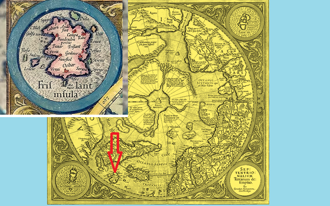 Затонувший остров Фрисланд (показан красной стрелкой) на карте Г. Меркатора 1569-го года, полученной им, вероятнее всего, от верхней цивилизации, когда материк Гипербореи на Северном полюсе из четырёх островов уже погрузился в воды Скифского моря или Северно-ледовитого океана.