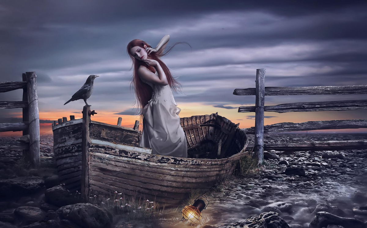 Источник: https://www.goodfon.ru/wallpaper/foto-art-devushka-voron-ptitsa-lodka-fonar.html