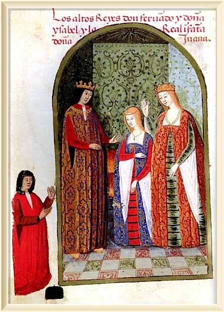 Хуана со своими родителями, Изабеллой и Фердинандом «Римадо де ла конкиста Гранады» Педро Маркуэлло, ок. 1482 г. 