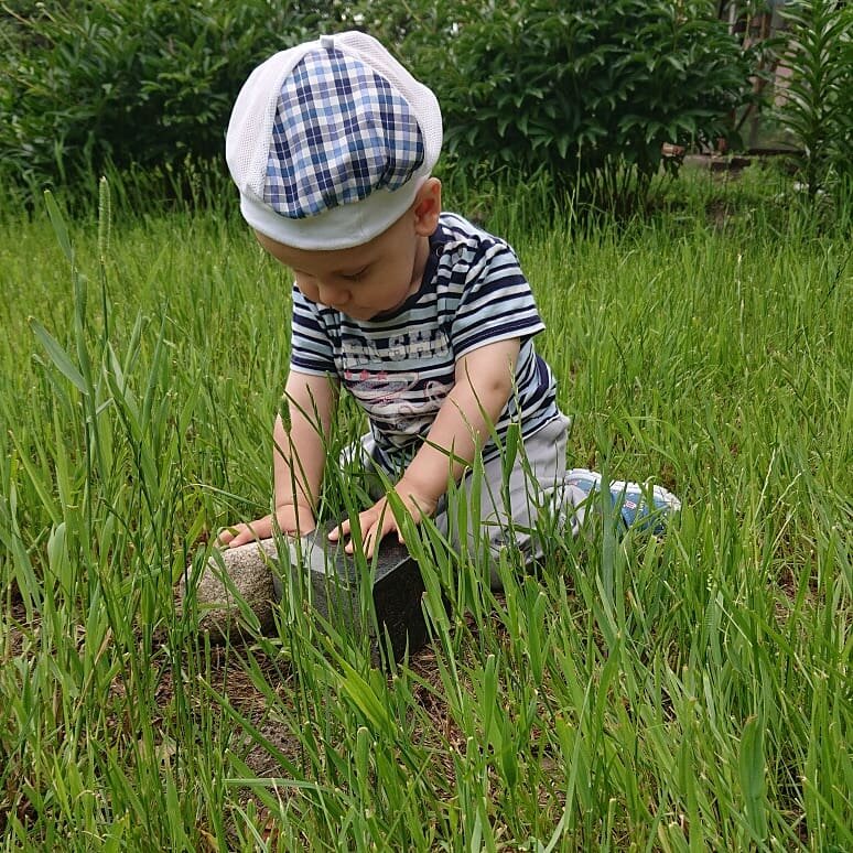 Альпийскую горку строит, а, может быть, фундамент для бани закладывает... 😁