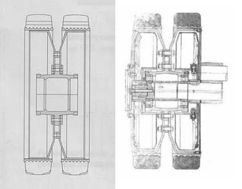 Слева обычный опорный каток Т-34, а справа - каток с внутренним топливным баком.