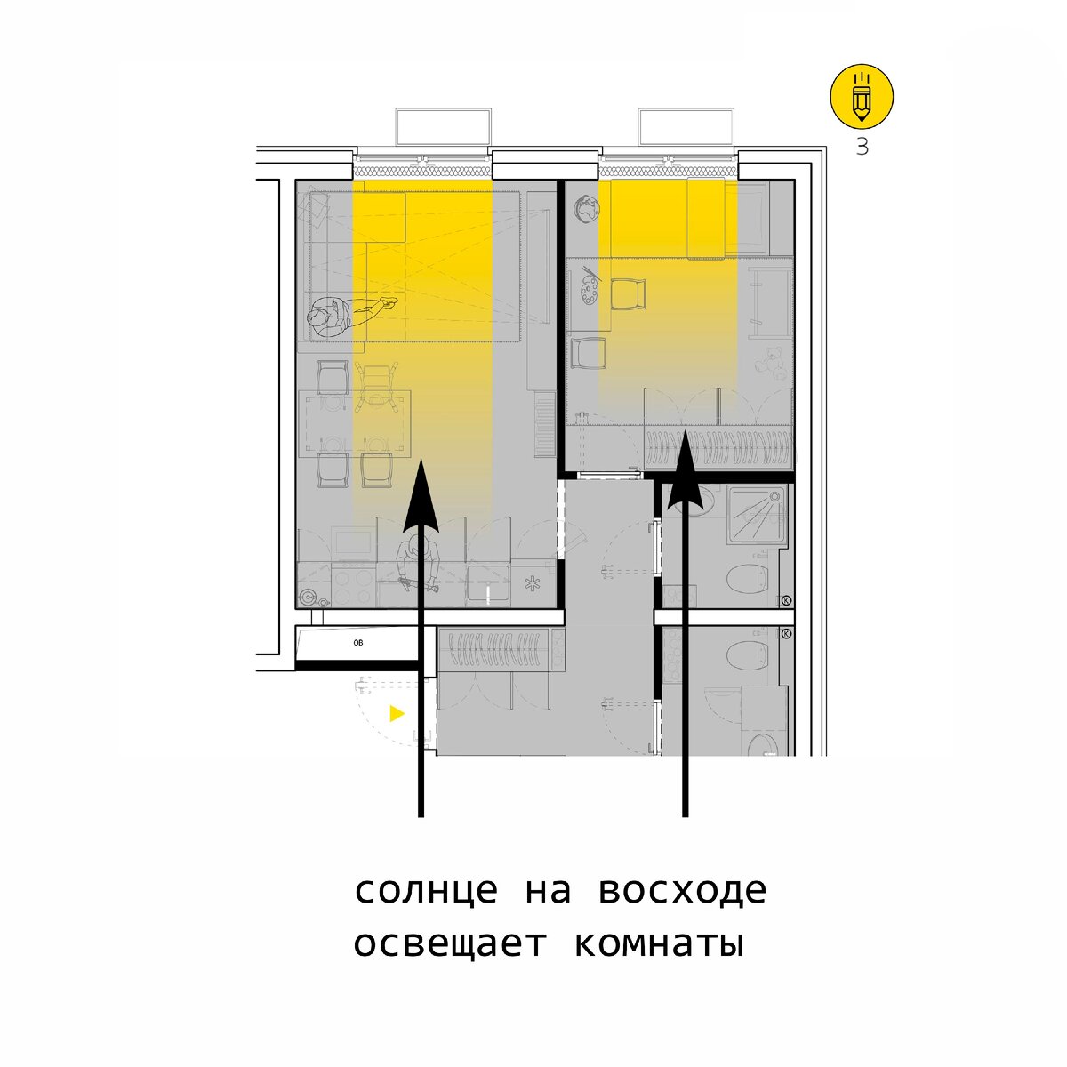 солнце на восходе освещает комнаты