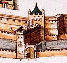 Фрагмент чертежа "Кремленаград" (начало XVII века). Перед Константиновской башней можно видеть крупное вытянутое сооружение, пересекающее ров.