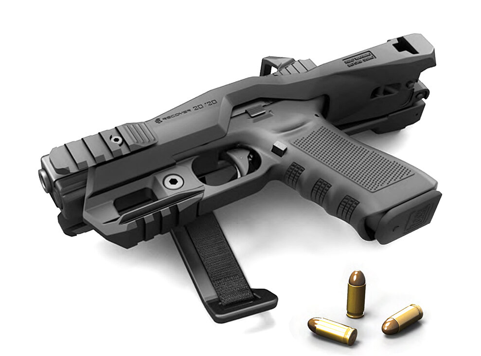 Пистолет Glock с конвертером Recover Tactical 20/20 Glock Stabilizer Kit. Приклад сложен