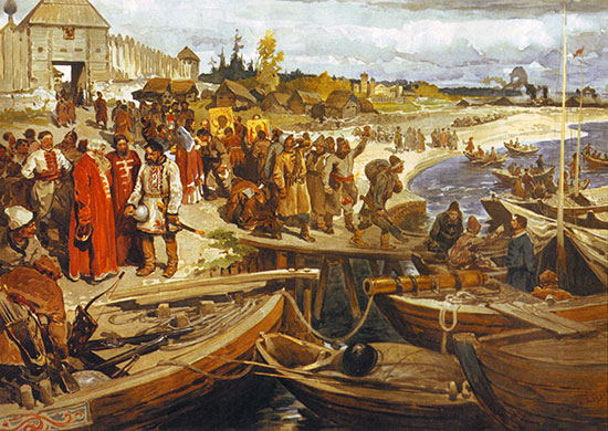 Поход Ермака. Художник К. Лебедев. 1907 г. Взято с ресурса: https://encyclopedia.mil.ru.
