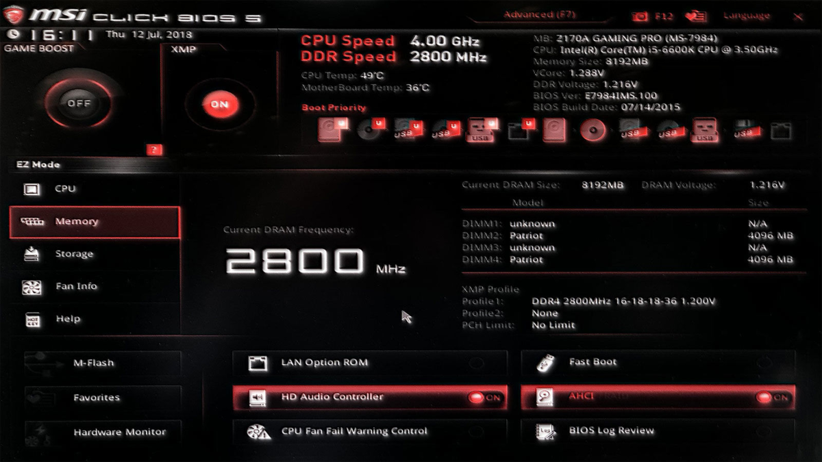 Частота ОЗУ в BIOS всего 2800 МГц