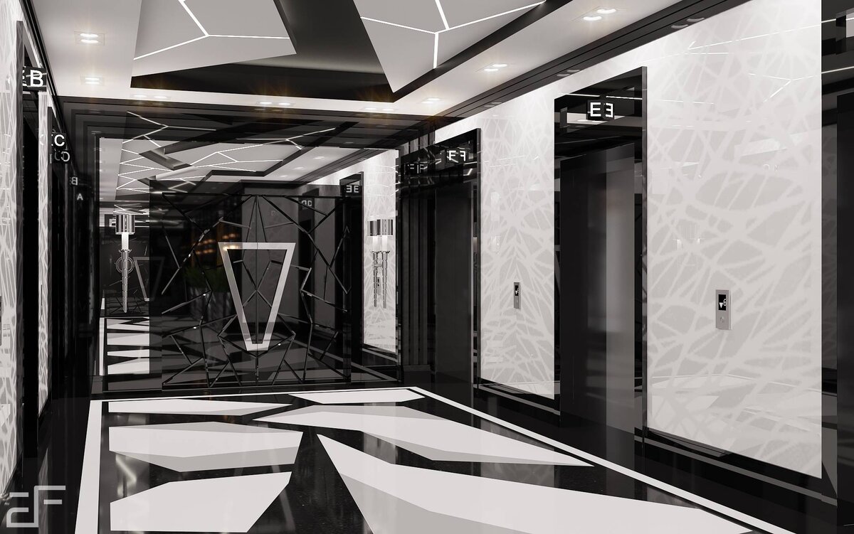 Дизайн интерьера лифтового холла в бизнес-центре в монохромных тонах