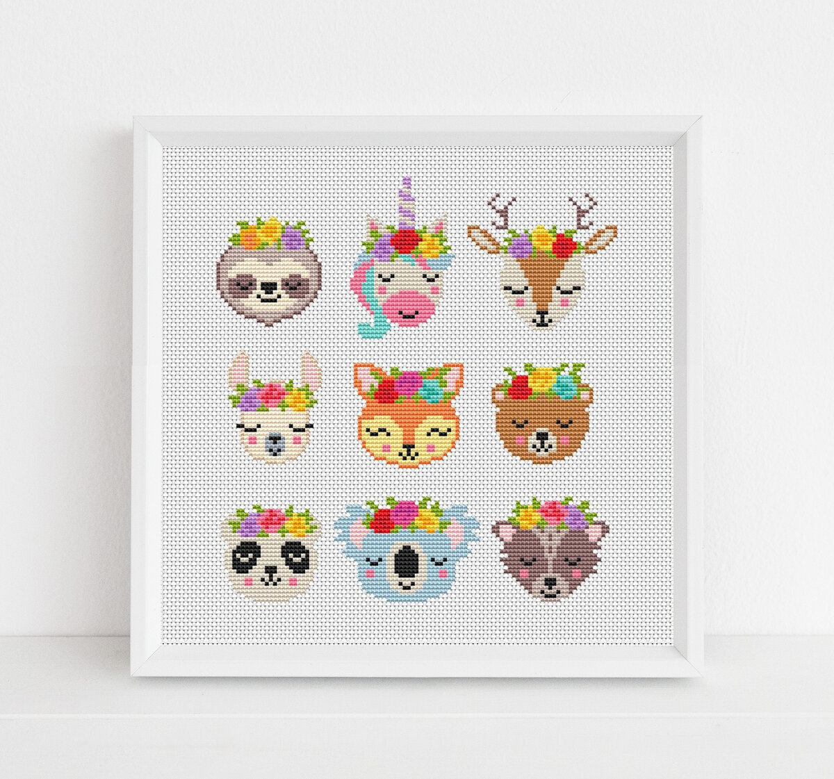 Лама, панда, ленивец, единорог - схемы вышивки для детей.