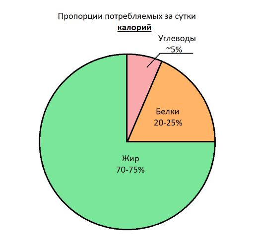 Процентное соотношение потребляемых калорий в сутки на кето: жир 70-75%, белки 20-25%, углеводы около 5%