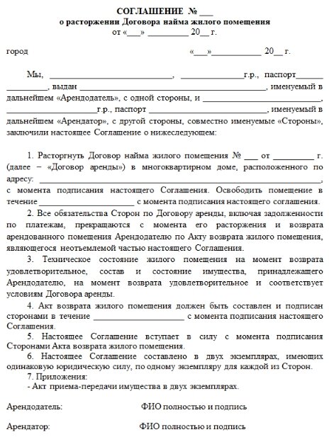 Акта прекращения. Соглашение о прекращении договора найма жилого помещения образец. Расторжение договора найма жилого помещения образец. Расторжение договора аренды жилого помещения образец. Образец расторжения договора аренды нежилого помещения.