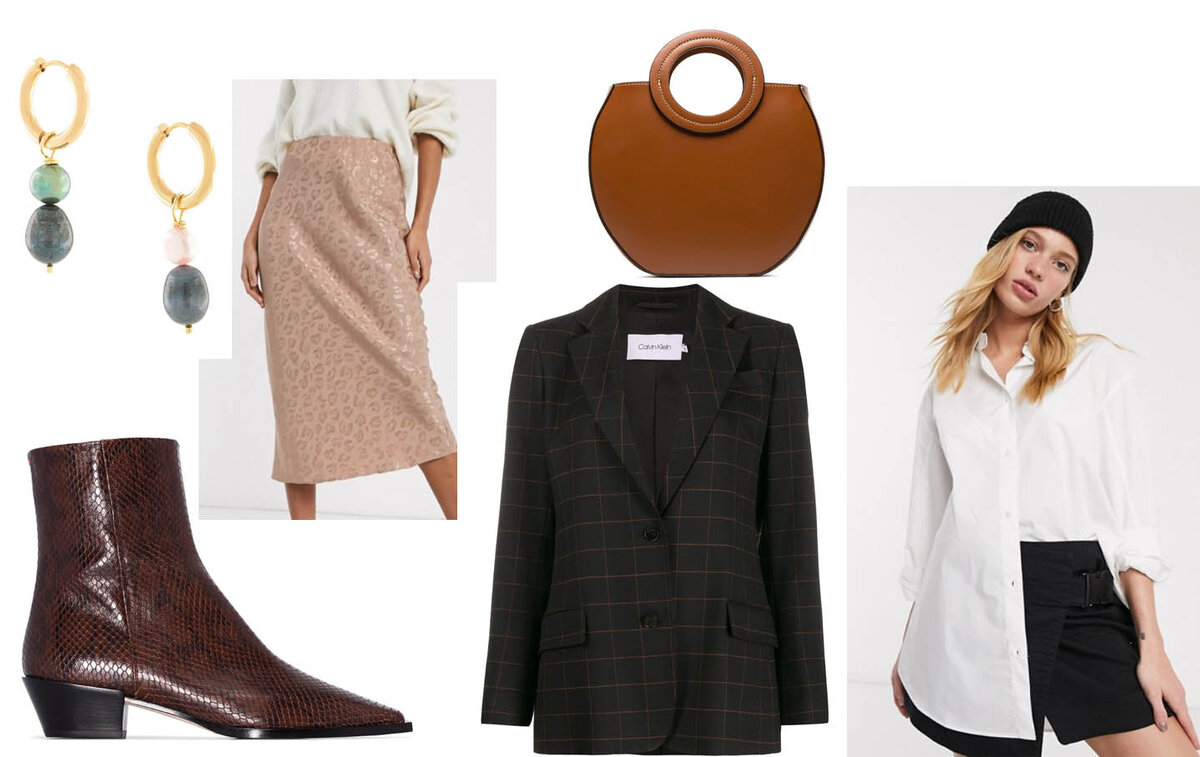 Ботильоны AEYDE Ruby (13 900), блейзер CALVIN KLEIN (11 400), STAUD сумка-тоут Frida (10 300), SANDRALEXANDRA серьги-подвески Bonito с жемчугом (5 140), светло-розовая жаккардовая юбка миди с леопардовым узором ASOS DESIGN (1 990), идеальная белая рубашка на пуговицах Weekday (2 790).